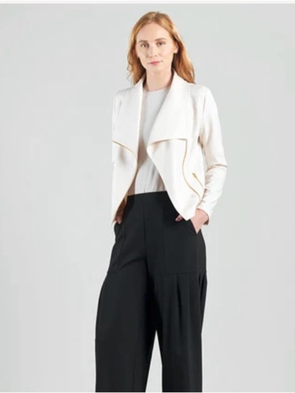 Clara Sun Woo Ivory Draped Open-Front Blazer with Zip Accent